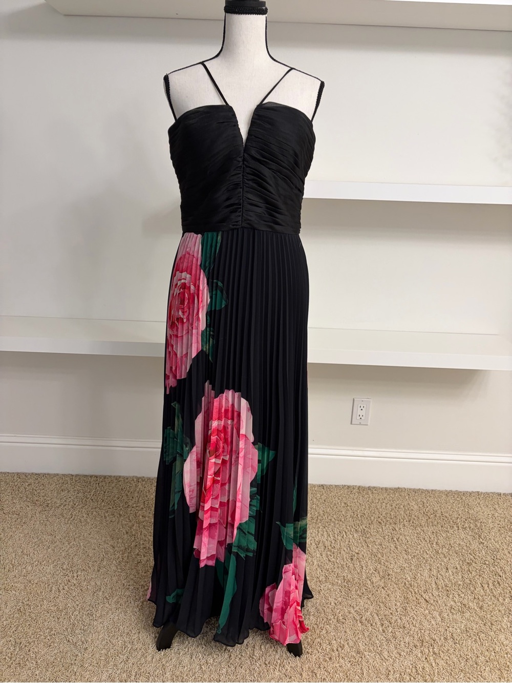 Xscape Black Maxi Dress with Pink Rose Print